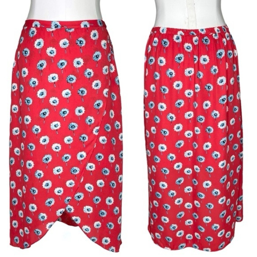 J. Crew Cerise Red Teal Blue Floral Petal Front Midi Wrap Skirt Size MEDIUM - Picture 4 of 6